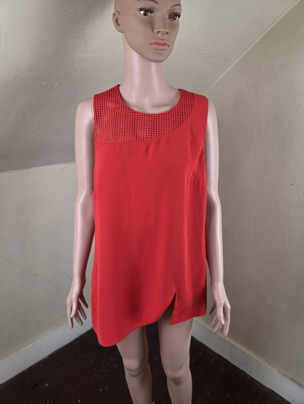 Sachin & Babi Red Sleeveless Mesh Yoke Tunic Blouse Top Size L